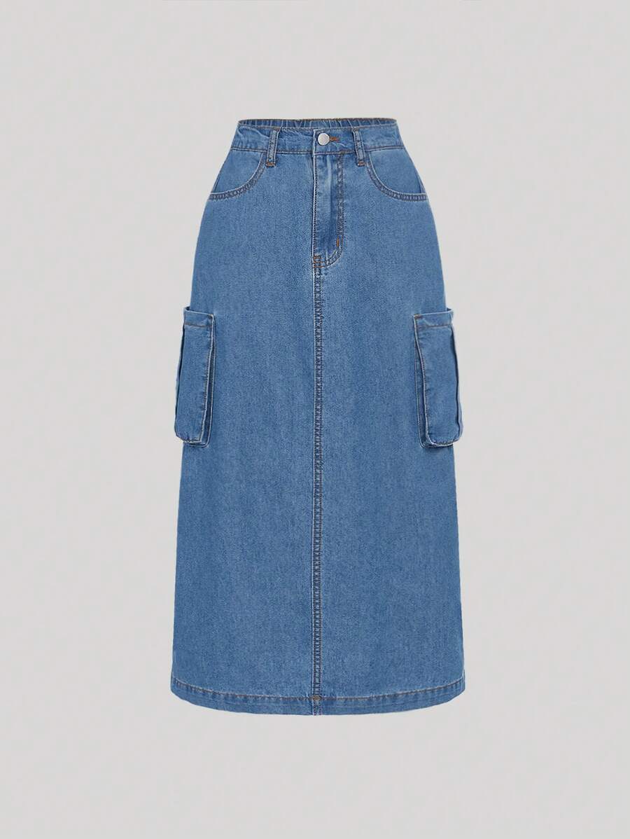 SHEIN 青少年女孩側翻蓋口袋牛仔半身裙 - 中等水洗藍 - 查看 1