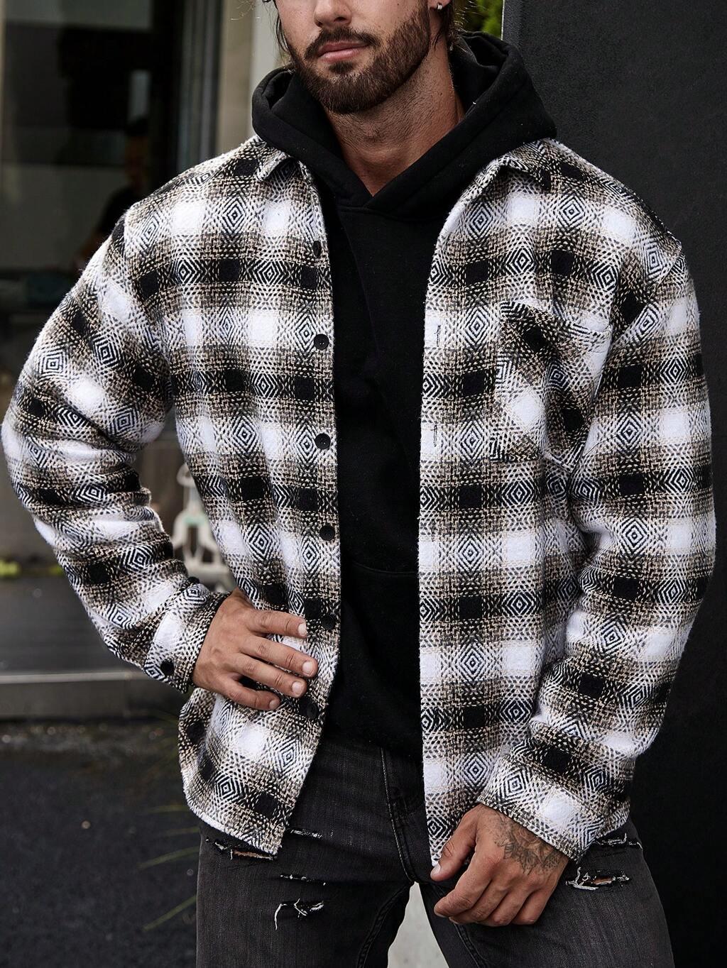 Loose Fit Plaid Print Pocket Detailed Shacket For Men