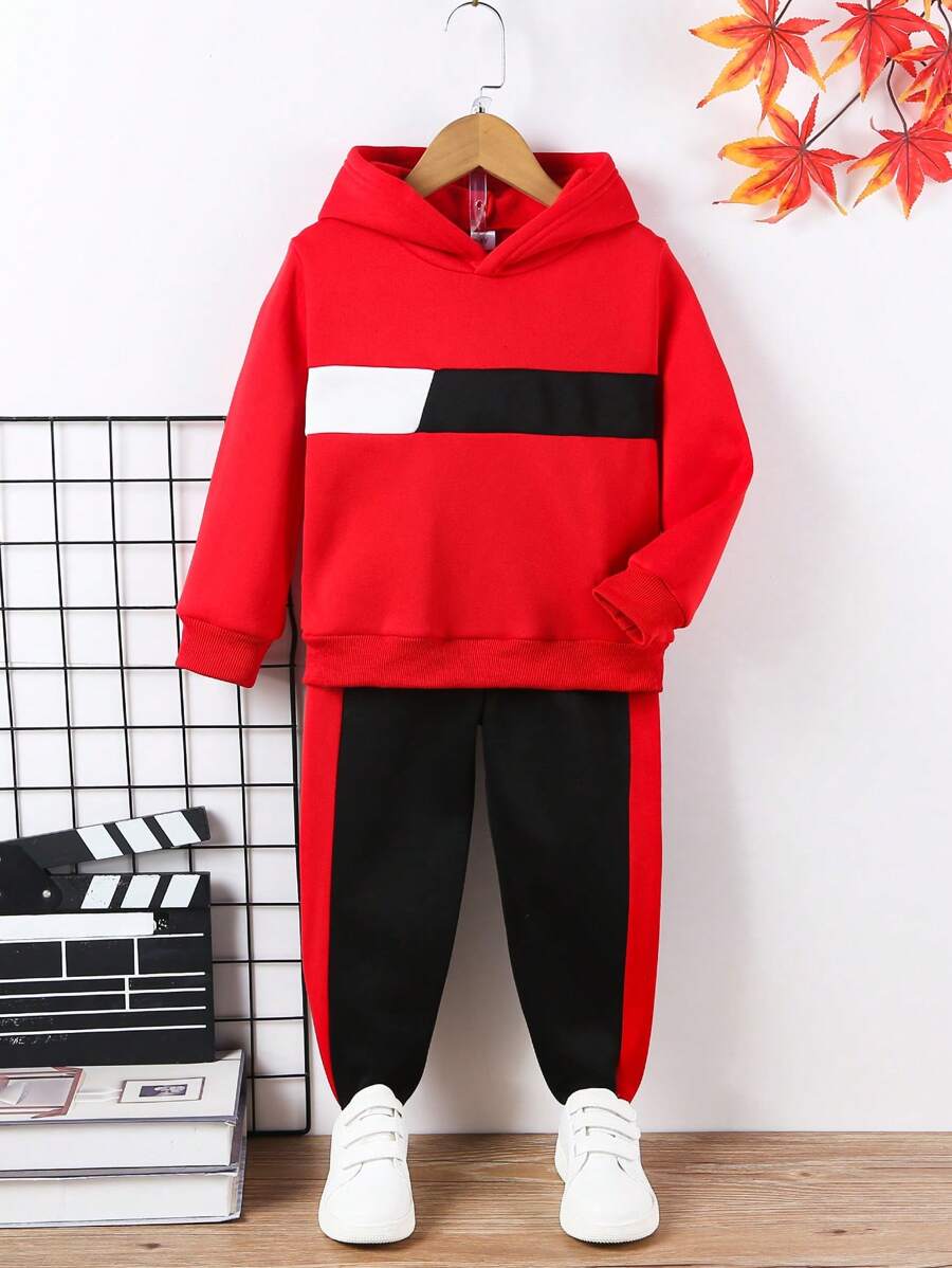 Young Boy Colorblock Hoodie And Pants Set For Sports And Warmth - Multicolor - View 1