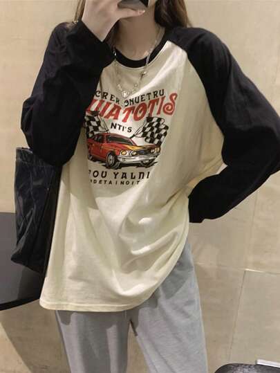 コントラストラグランスリーブ レターグラフィック Tシャツ カジュアル 春