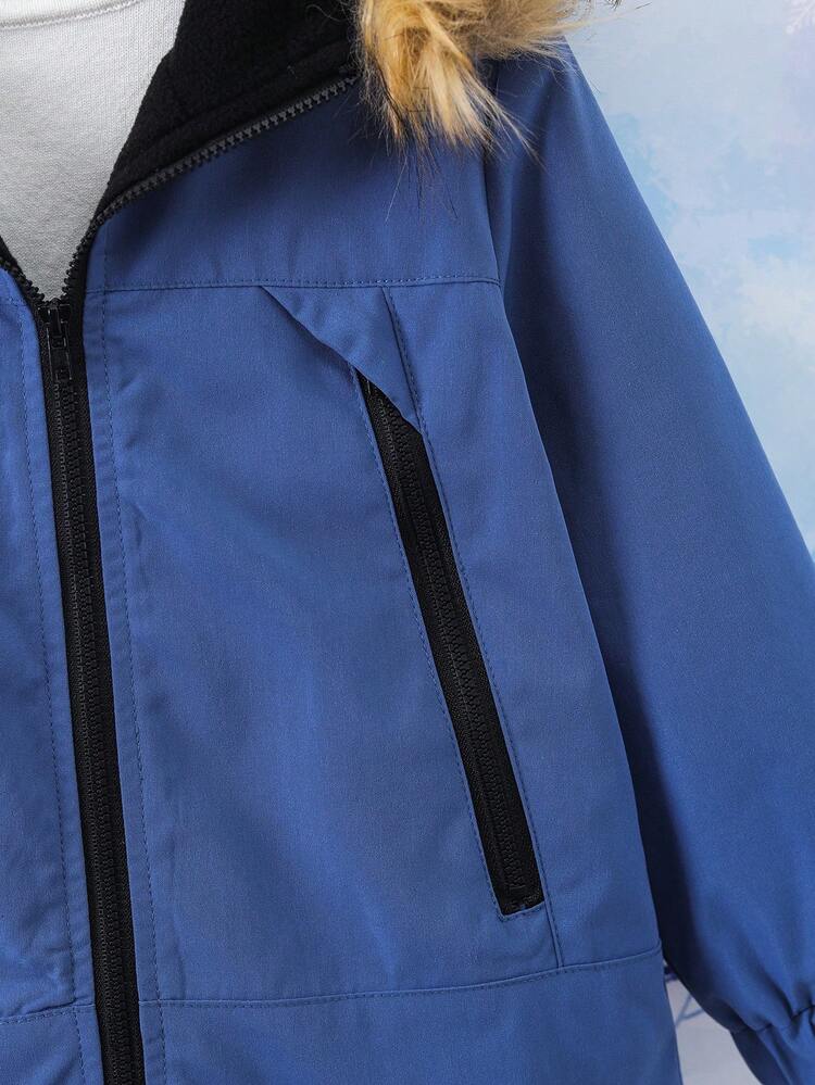 Young Boy Letter Patched Detail Fuzzy Trim Hooded Thermal Lined Coat Without Sweater
