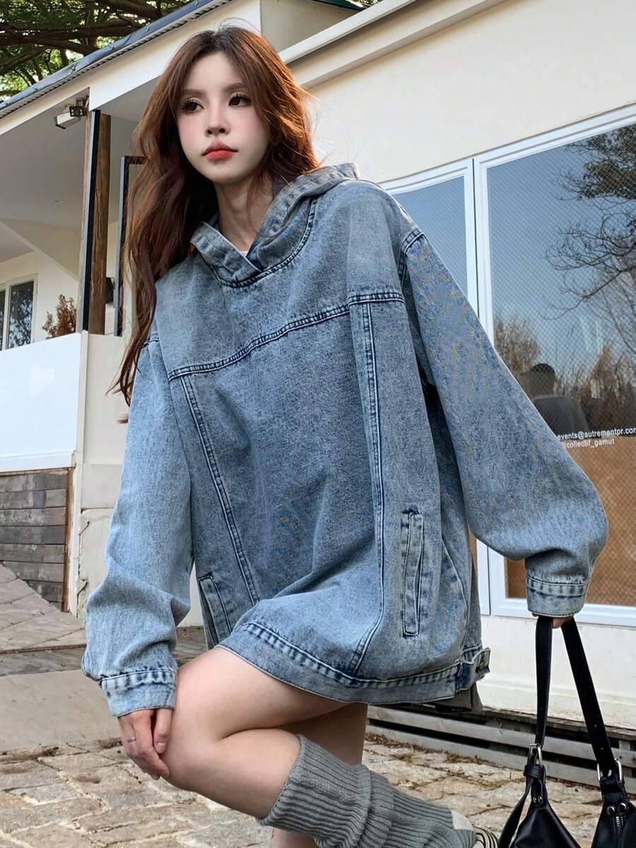 女士秋季休闲落肩长袖连帽牛仔上衣