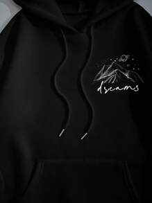 SHEIN Essnce Mountain & Slogan Graphic Kangaroo Pocket Drawstring Hoodie,Long Sleeve Tops - Black - View 8