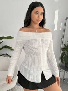 SHEIN MOD Jersey con hombros descubiertos y botones delanteros con dobladillo dividido - Blanco - Ver 5