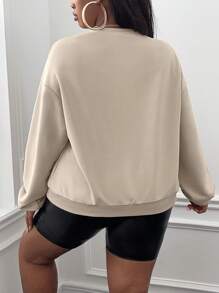 Slaydiva 大碼字母圖案落肩袖運動衫 - 卡其色 - 查看 5