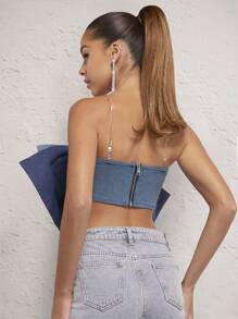 SHEIN Unity Khối màu Quá quắt Nơ Tops Denim - Nhiều màu - Xem 2