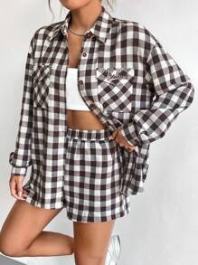 Flirla Gingham Print Blouse & Shorts - Brown - View 6