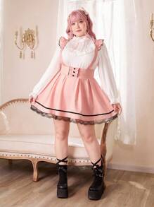 ROMWE Kawaii Hơn Ren tương phản Viền Ruffle Đầm Tổng thể Không có áo lót - Hồng - Xem 4