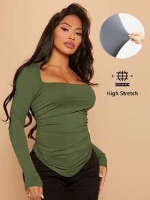 SHEIN SXY Cổ vuông Xù Curved Hem Áo thun - xanh quân đội - Xem 1