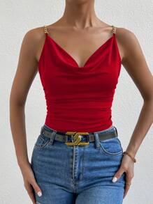Allurite Top camisero fruncido con cuello drapeado y detalle de cadena para ropa de Año Nuevo - Rojo - Ver 4