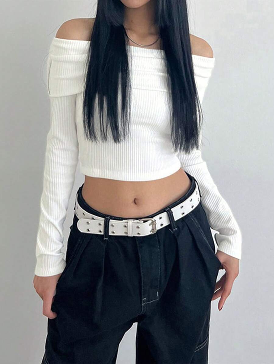DAZY Áo thun hở vai crop top dài tay cho nữ dịp lễ hội - trắng - Xem 1