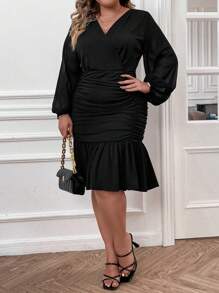 SHEIN Clasi Plus Surplice Neck Lantern Sleeve Ruched Ruffle Hem Dress - Black - View 5