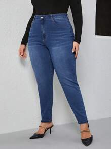 SHEIN Frenchy Hơn Túi nghiêng Quần jean ôm - Rửa trung bình - Xem 3