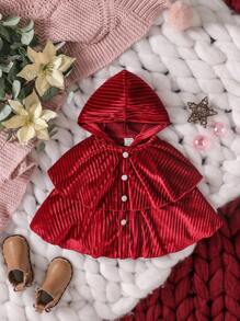 SHEIN 女嬰前紐扣連帽斗篷外套 - 酒紅色 - 查看 1