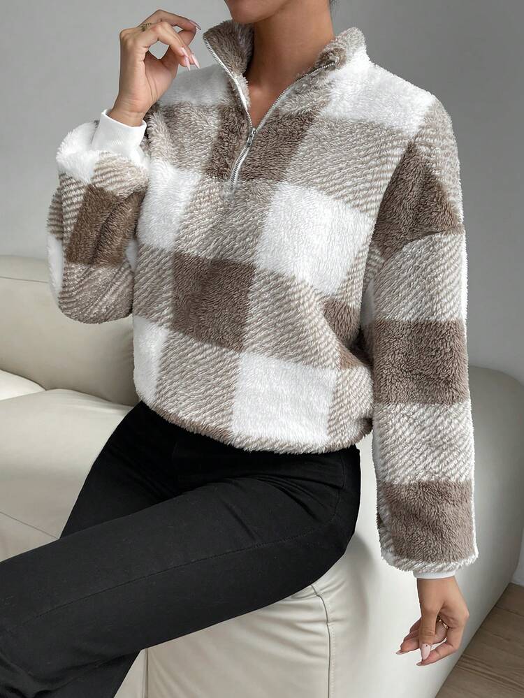 Buffalo Plaid Pattern Drop Shoulder Half Zip Teddy Sweatshirt,Long Sleeve Tops In Fall/Winter