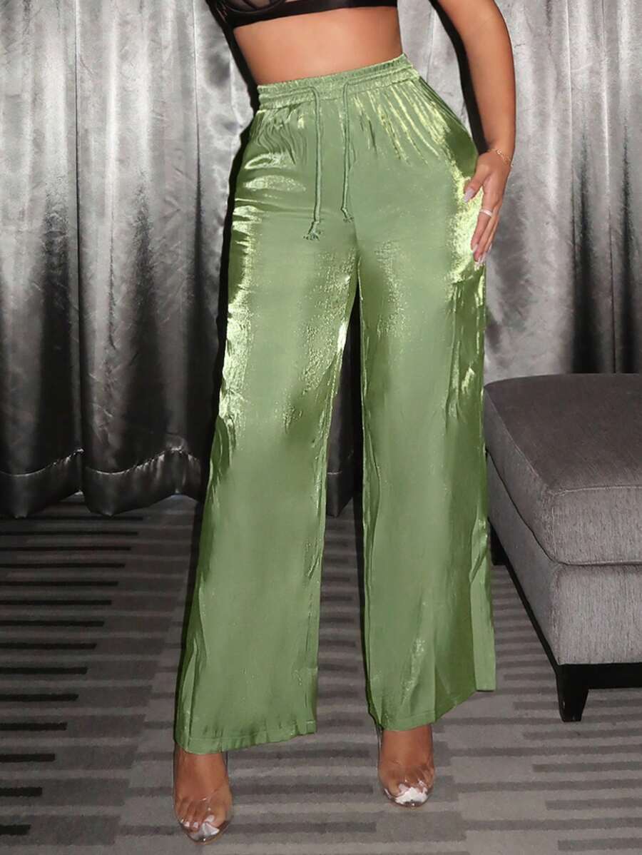 SHEIN SXY Drawstring Waist Wide Leg Pants - Green - View 1