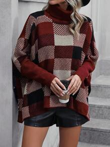 SHEIN Essnce Plaid Pattern Turtleneck Batwing Sleeve Poncho - Multicolor - View 6