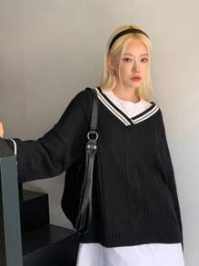 DAZY Striped Trim Drop Shoulder Cable Knit Sweater Without Tee - Black - View 4