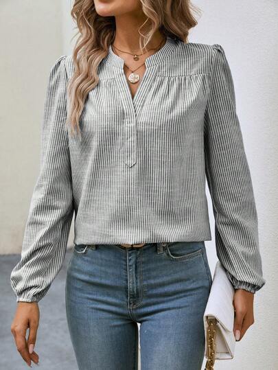 Calvaya Impressão Listrada Meio Botão Manga Lanterna Blusa