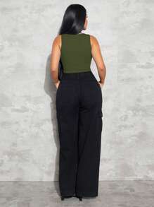 SHEIN SXY Viền không đối xứng Áo ba lỗ - xanh quân đội - Xem 2