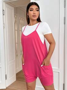 SHEIN Qutie Jumpsuits Plus Size Túi màu trơn Giải trí - Màu Hồng  Dưa hấu - Xem 5