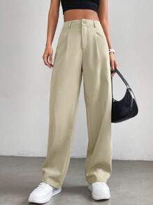 SHEIN EZwear High Waist Plicated Detail Straight Leg Trousers - Apricot - View 1