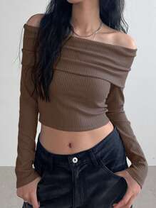 DAZY 休閒不對稱 羅紋針織純色女士T恤 - 棕色 - 查看 1