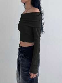 DAZY Blusa corta de hombros descubiertos con mangas largas para mujer, estilo festival - Negro - Ver 3