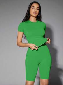 SHEIN BAE Chất rắn Áo phông Crop - màu xanh lá - Xem 5