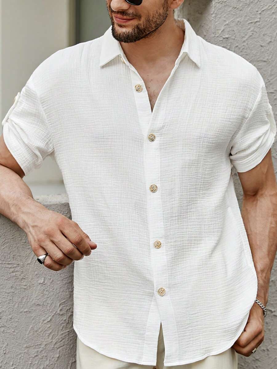 Manfinity Homme 鬆身男士純色鈕扣前襯衫 - 白色 - 查看 1