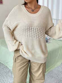 Flirla Plus Cable Knit Drop Shoulder Sweater Knit Pullover Fall Winter Sweater - Apricot - View 5