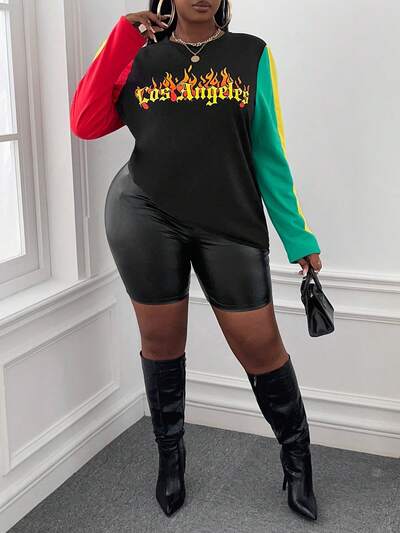 Plus Letter Graphic Colorblock Sweatshirt