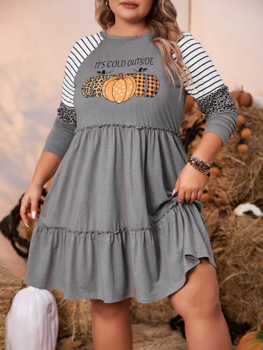 SHEIN LUNE Plus Halloween Pumpkin & Striped Print Raglan Sleeve Ruffle Hem Smock Dress - Grey - View 1