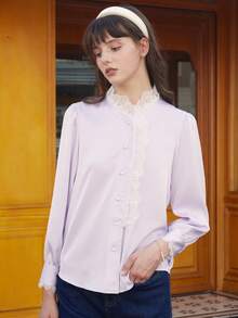Simple Retro Contrast Lace Button Front Shirt - Mauve Purple - View 8
