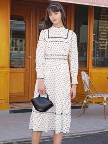 Simple Retro Polka Dot Print Ruffle Trim Dress - White - View 7