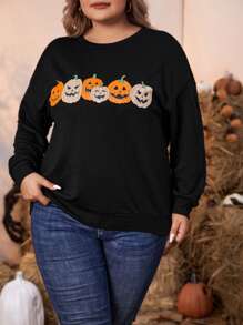 SHEIN LUNE Plus Halloween Pumpkin Print Drop Shoulder Sweatshirt - Black - View 1