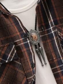 Tween Boy Plaid Print Flap Pocket Shirt Without Tee - Brown - View 5