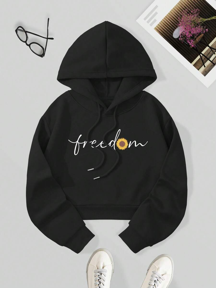 SHEIN EZwear 字母圖案抽繩短款連帽衫 - 黑色 - 查看 1