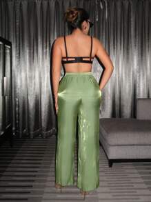 SHEIN SXY Drawstring Waist Wide Leg Pants - Green - View 2