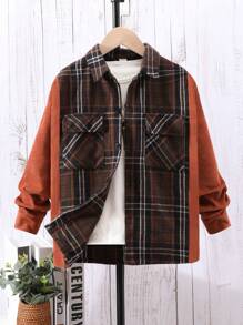 Tween Boy Plaid Print Flap Pocket Shirt Without Tee - Brown - View 1