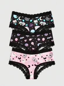 ROMWE Kawaii 3pack Cartoon Graphic Contrast Lace Brief
