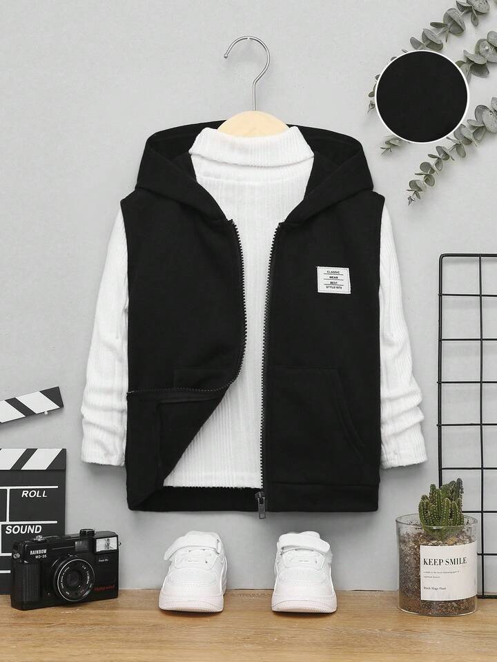 SHEIN Kids EVRYDAY Young Boy Letter Patched Detail Zipper Sleeveless Hoodie  Without Tee | SHEIN USA