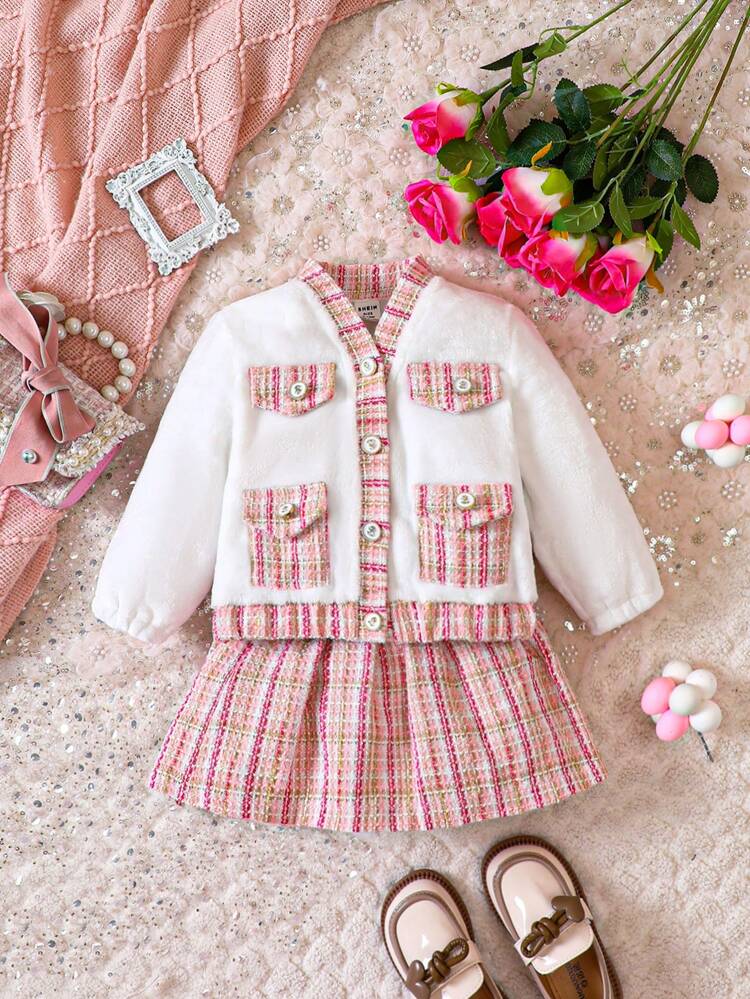 Baby Girl Plaid Print Flap Detail Jacket & Skirt