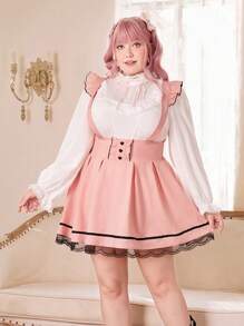 ROMWE Kawaii Hơn Ren tương phản Viền Ruffle Đầm Tổng thể Không có áo lót - Hồng - Xem 6