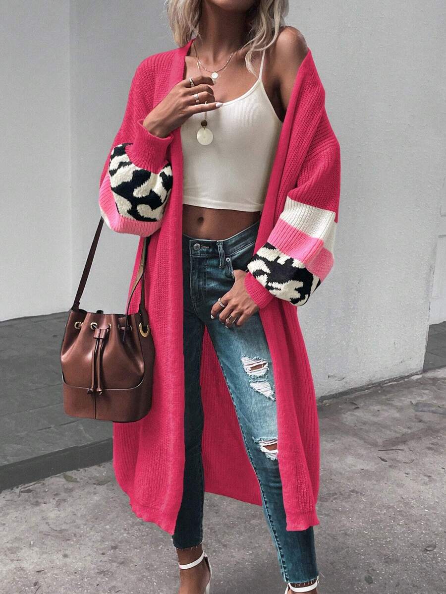 SHEIN Unity Colorblock Drop Shoulder Duster Cardigan - Hot Pink - View 1