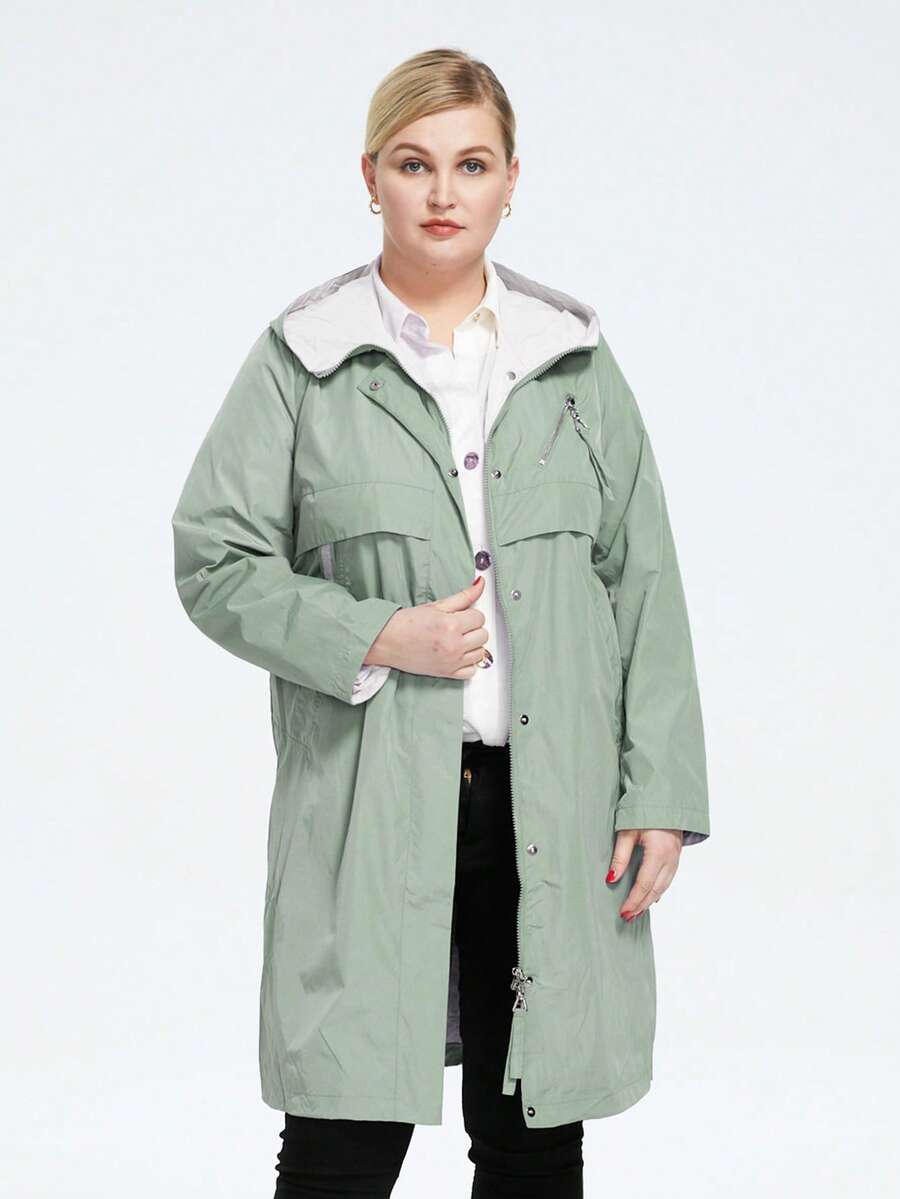 大碼拉鏈開襟連帽外套 - 綠色 - 查看 1