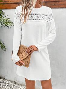 SHEIN Frenchy 素色華夫格編織蕾絲拼接T恤洋裝 - 白色 - 查看 5