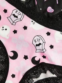 ROMWE Kawaii 3pack Cartoon Graphic Contrast Lace Brief