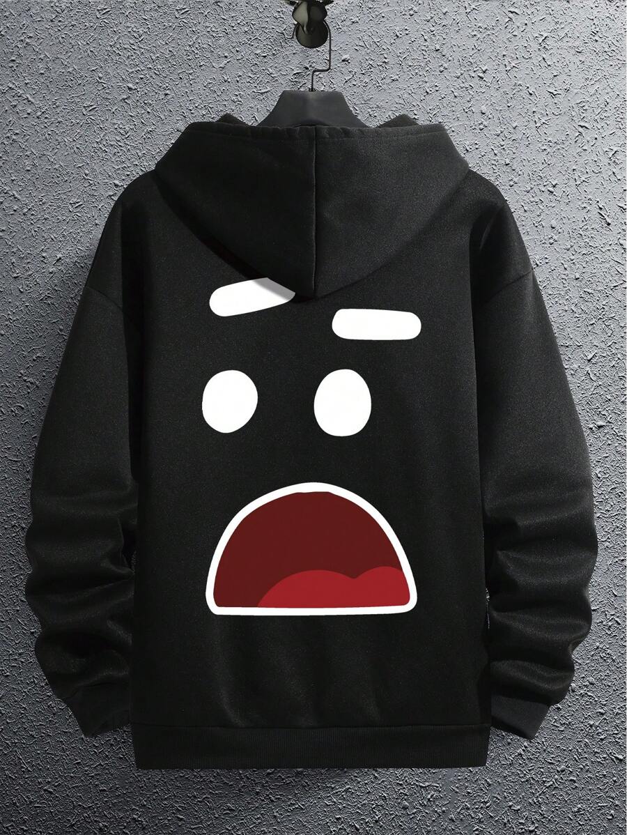 Men's Cartoon Print Long Sleeve Casual Drawstring Hooded Sweatshirt With Pockets - Black - View 1