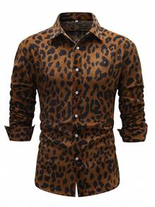 Hombres Camisa con estampado de leopardo con botón de pana - Marrón - Ver 1